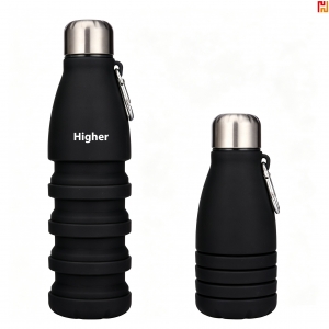 Collapsible Silicone Water Bottle with Stainless Steel Lid & Carabiner-HAJD23